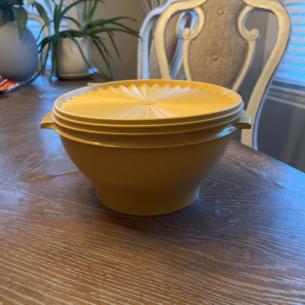 Vintage Tupperware Harvest Gold Servalier Large Salad Serving Bowl with Two Lids